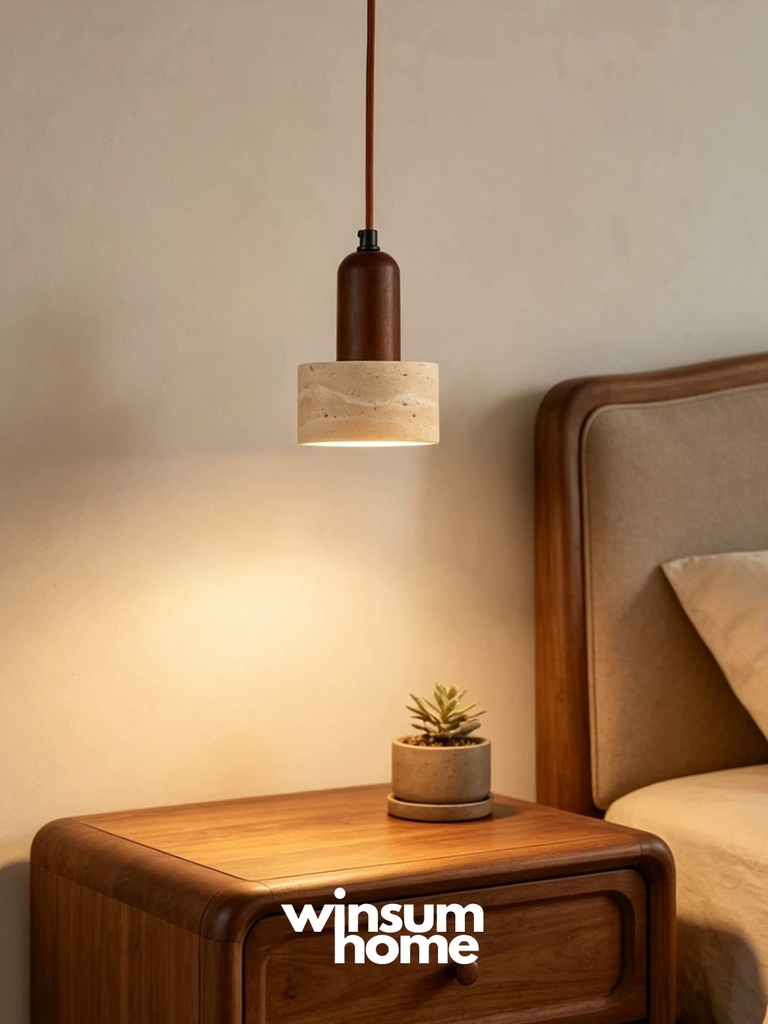 Đèn thả đá travertine hình trụ, đèn thả đầu giường