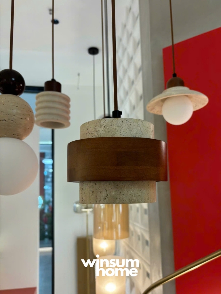 Đèn thả Cole chất liệu đá travertine kết hợp vòng gỗ
