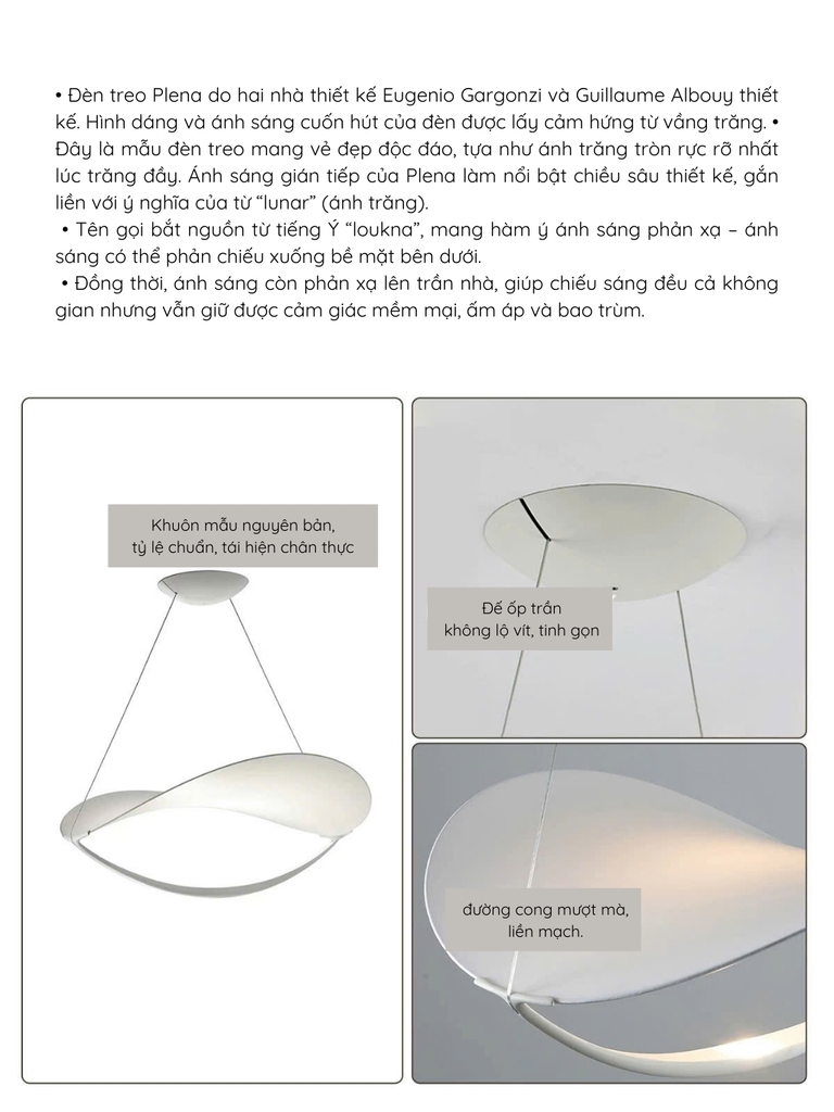 Đèn thả Plena phong cách Ý dáng cong mặt trăng trang trí phòng khách, bàn ăn