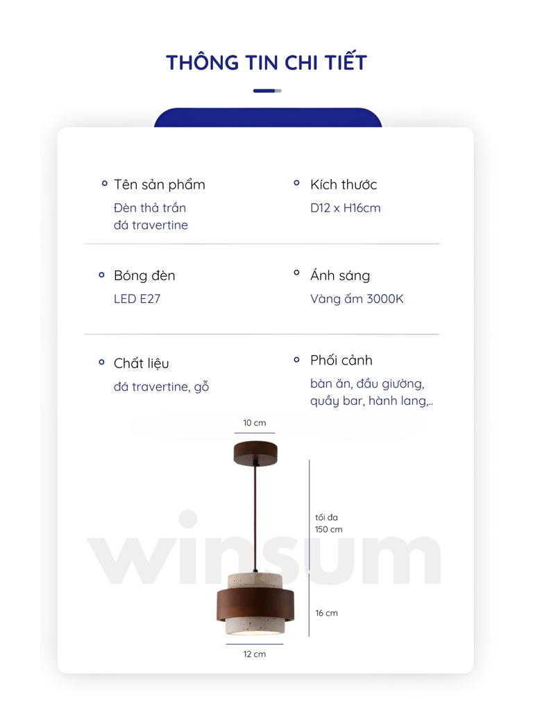 Đèn thả Cole chất liệu đá travertine kết hợp vòng gỗ