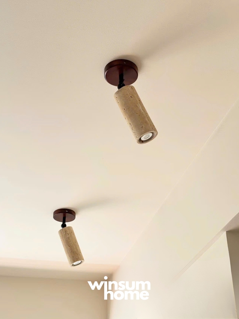 Đèn ốp tường đá travertine thân trụ, đế gỗ tự nhiên đèn ngủ đầu giường