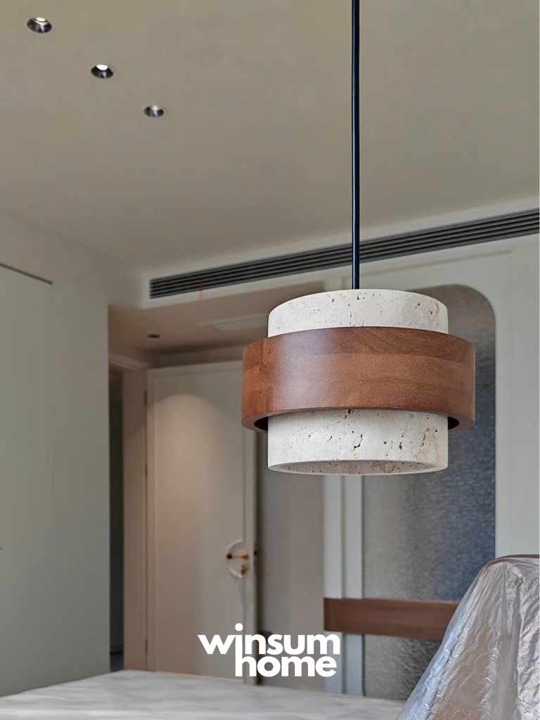 Đèn thả Cole chất liệu đá travertine kết hợp vòng gỗ