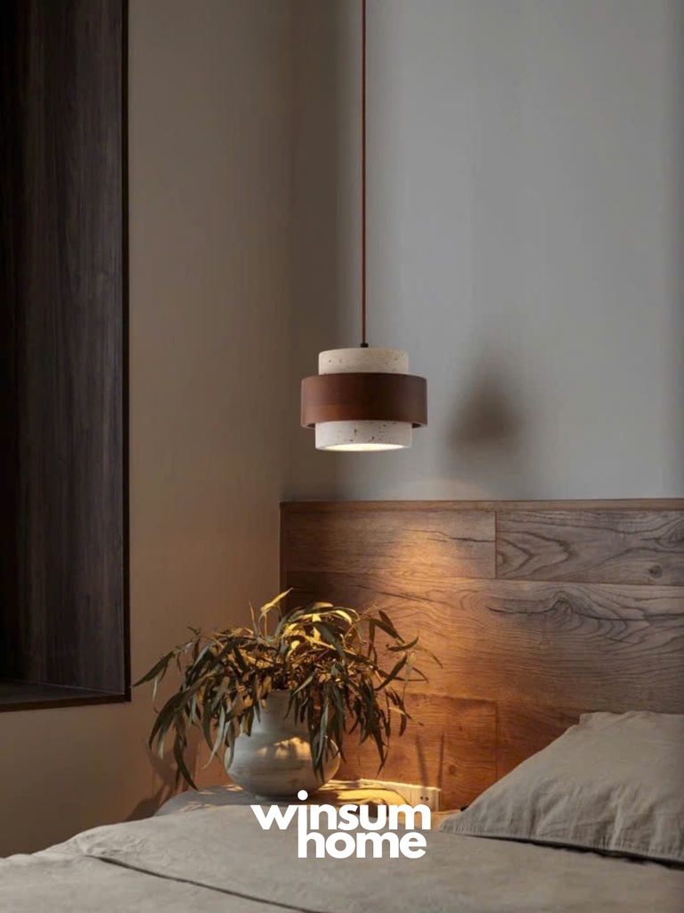 Đèn thả Cole chất liệu đá travertine kết hợp vòng gỗ