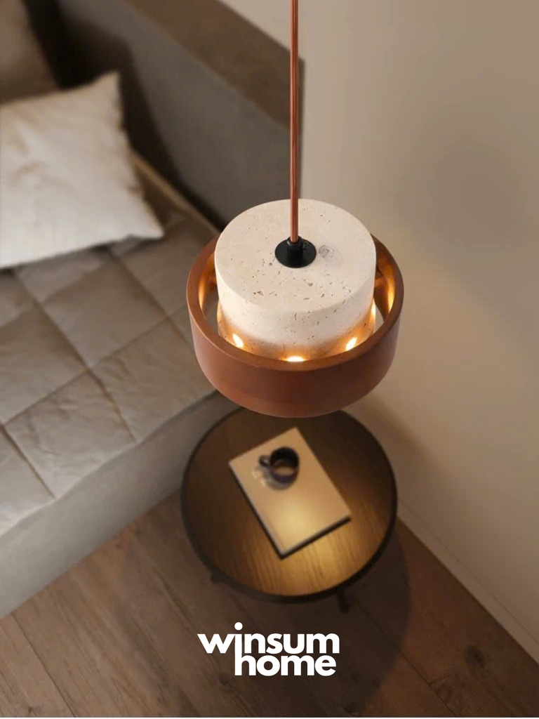 Đèn thả Cole chất liệu đá travertine kết hợp vòng gỗ