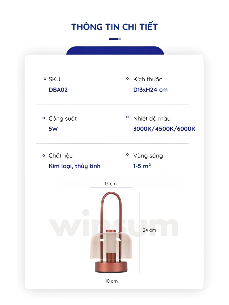 Đèn bàn thủy tinh không dây, đèn ngoài trời trang trí bàn ăn có tay xách, sạc điện USB - DBA02
