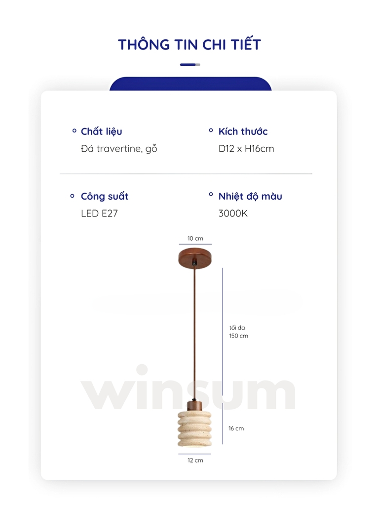 Đèn thả Candeerio đá travertine