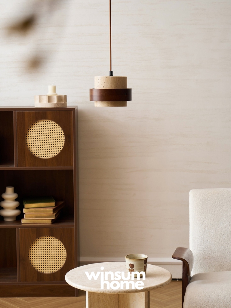 Đèn thả Cole chất liệu đá travertine kết hợp vòng gỗ