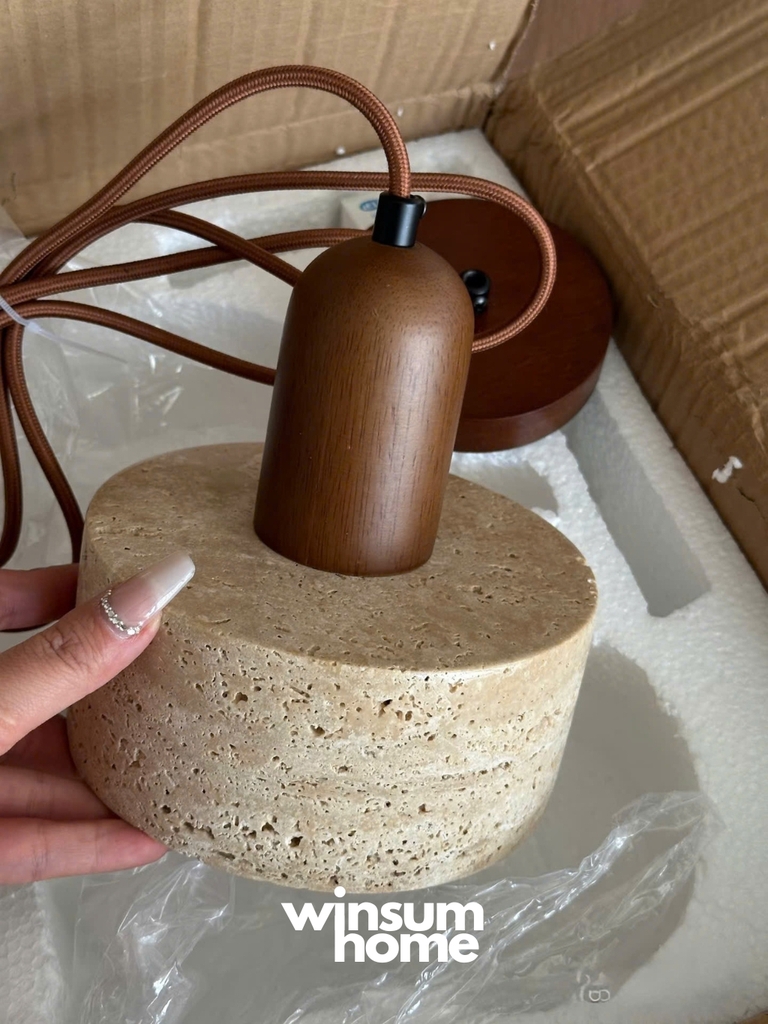 Đèn thả đá travertine hình trụ, đèn thả đầu giường