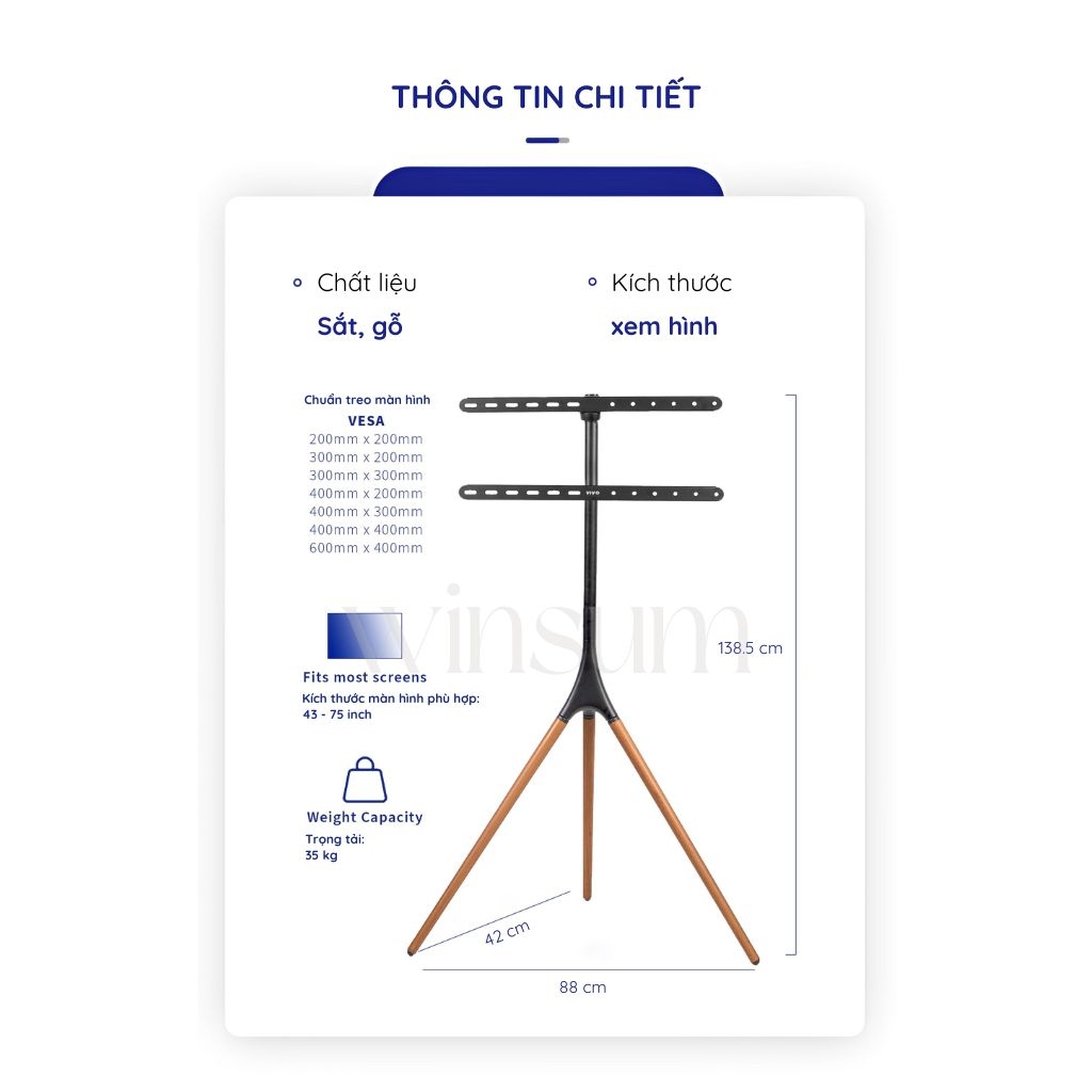 Kệ để TV Brateck chân tripod 43-75 inch