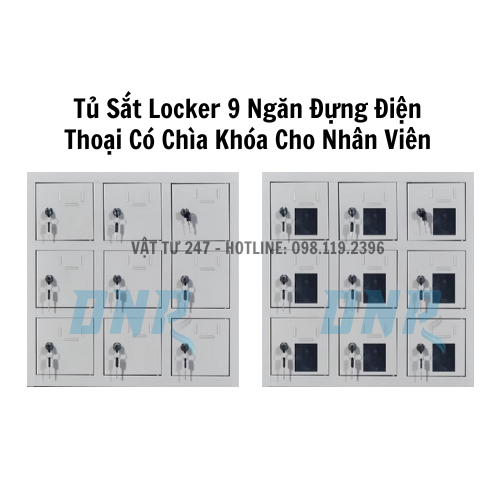 Tủ Sắt Locker 9 Ngăn Đựng Điện Thoại Có Chìa Khóa Cho Nhân Viên