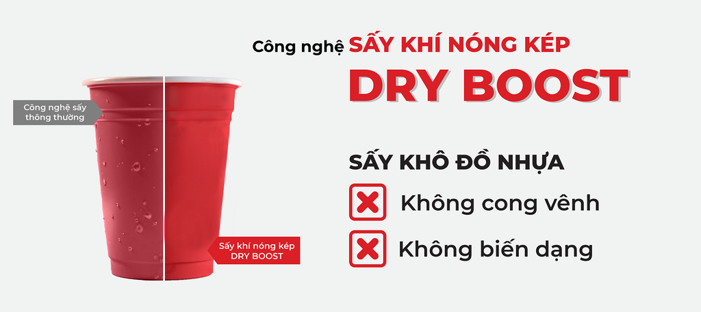 Công nghệ Dry Boost sấy khô hoàn hảo kể cả đồ nhựa - điều mà hầu hết máy rửa bát trên thị trường hiện nay khó làm được