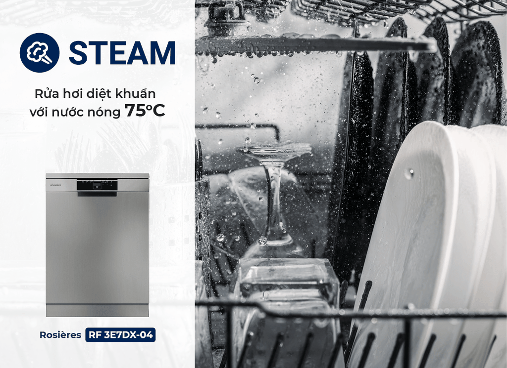 Công nghệ Steam Wash sử dụng tia nước kết hợp hơi nước ở nhiệt độ cao (khoảng 75°C), làm sạch sâu hiệu quả