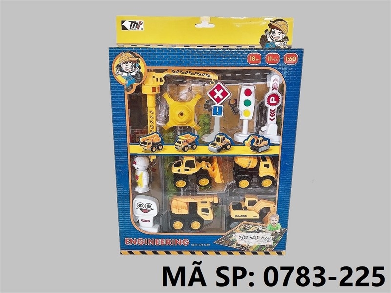 _0783-225  HỘP XE CÔNG TRÌNH SẮT TRỚN 4C ĐỦ MẪU + TRỤC CẨU, BIỂN BÁO, NGƯỜI 11 MIẾNG