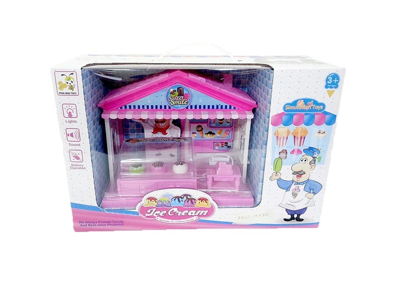 71022-4 HỘP BẾP QUẦY KEM PIN + BÀN+ GHẾ (ice cream) màu hồng