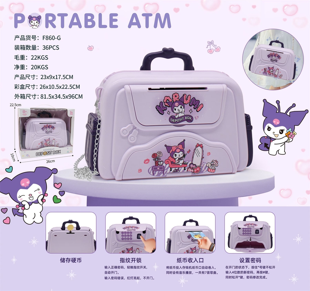 F860-G  HỘP MÁY RÚT TIỀN ATM PIN VALI XÁCH TAY SANRIO (VÂN TAY)