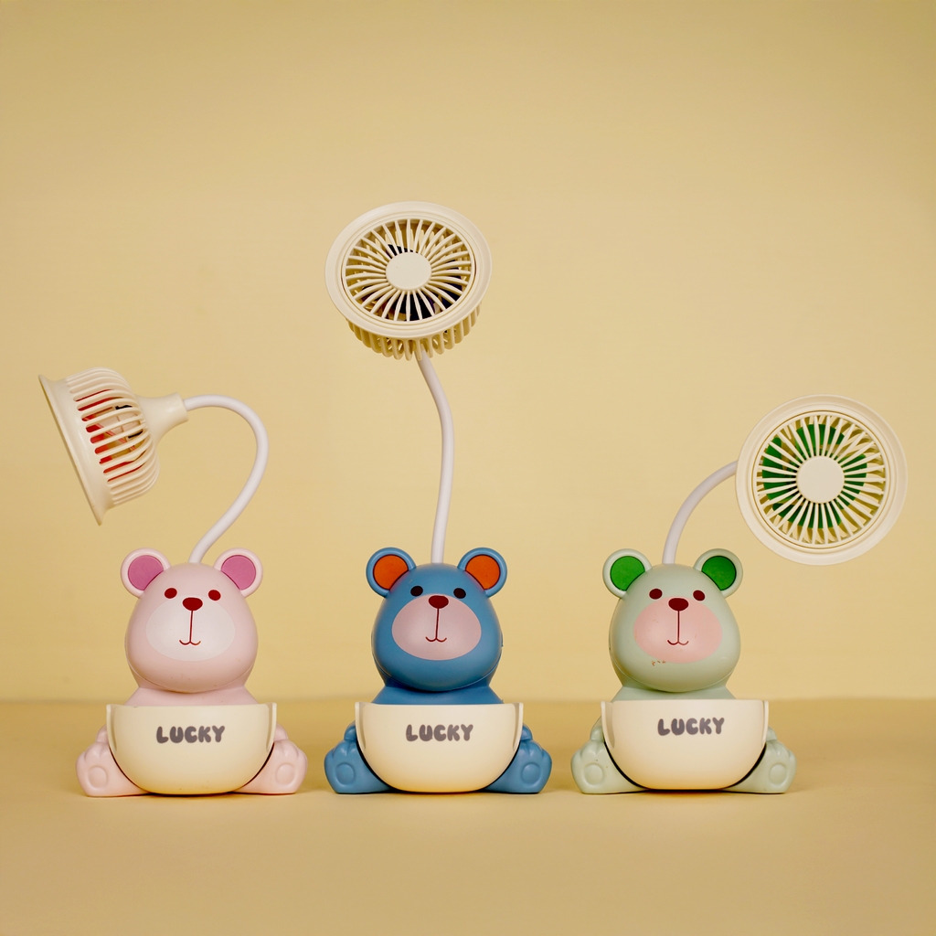 K43  HỘP QUẠT PIN GẤU + ỐNG ĐỰNG VIẾT + SẠC USB ĐỦ MẪU