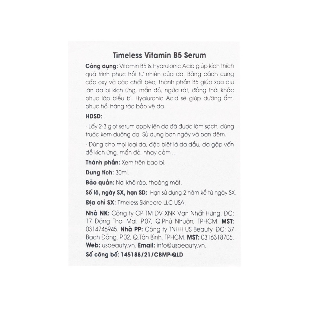 Tinh Chất Serum Cấp Ẩm Làm Dịu & Phục Hồi Da  Timeless Skin Care Vitamin B5 Hydration