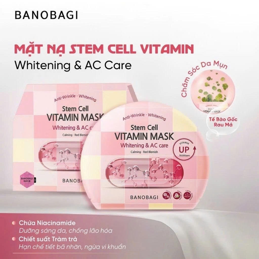 Mặt Nạ Banobagi Stem Cell Vitamin Mask Cấp Ẩm, Sáng Da Cho Da Mụn Whitening & AC Care 30g (Hồng Nhạt)