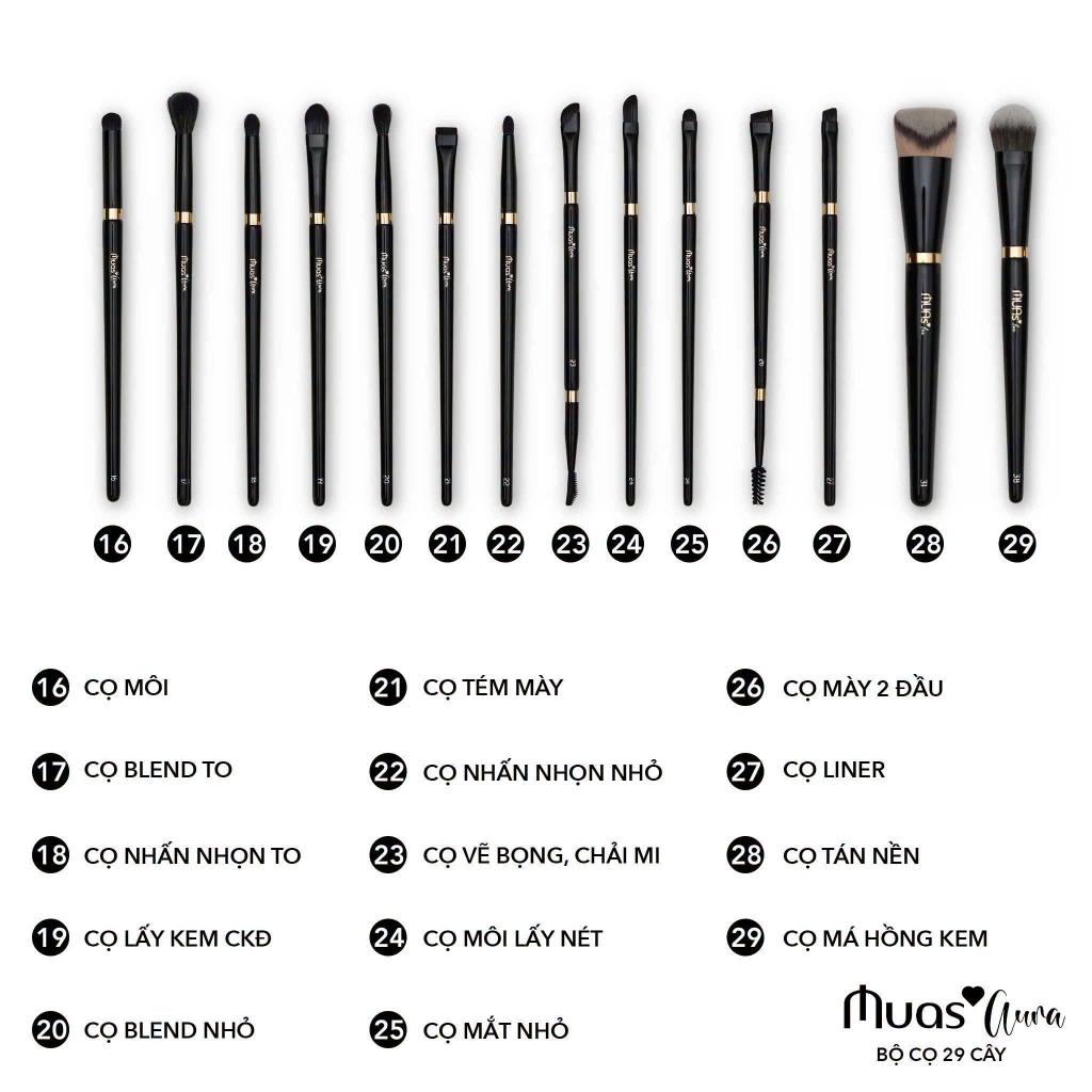 Bộ Trang Điểm Chuyên Nghiệp MUA.s Aura 29 Cây Kèm Túi Chất Lông Mền Mịn
