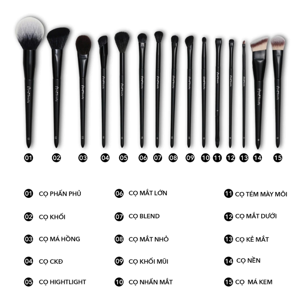 Bộ Cọ Trang Điểm Cá Nhân MUAs Beauty 15 Cây Thân Đen