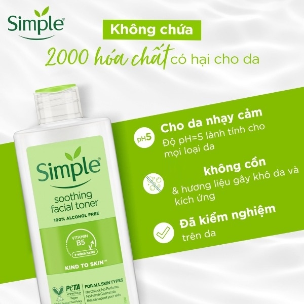 Nước Hoa Hồng Simple Làm Dịu Da & Cấp Ẩm Kind to Skin Soothing Facial Toner