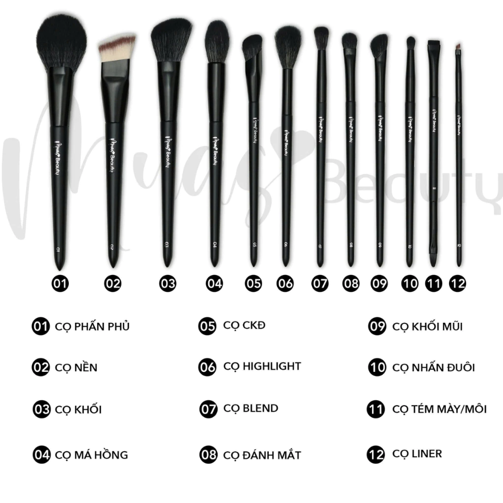 Bộ Cọ Trang Điểm Cá Nhân MUA.s Beauty 12 Cây Đen Hoặc Hồng Kèm Túi Chất Lông Mền Mịn