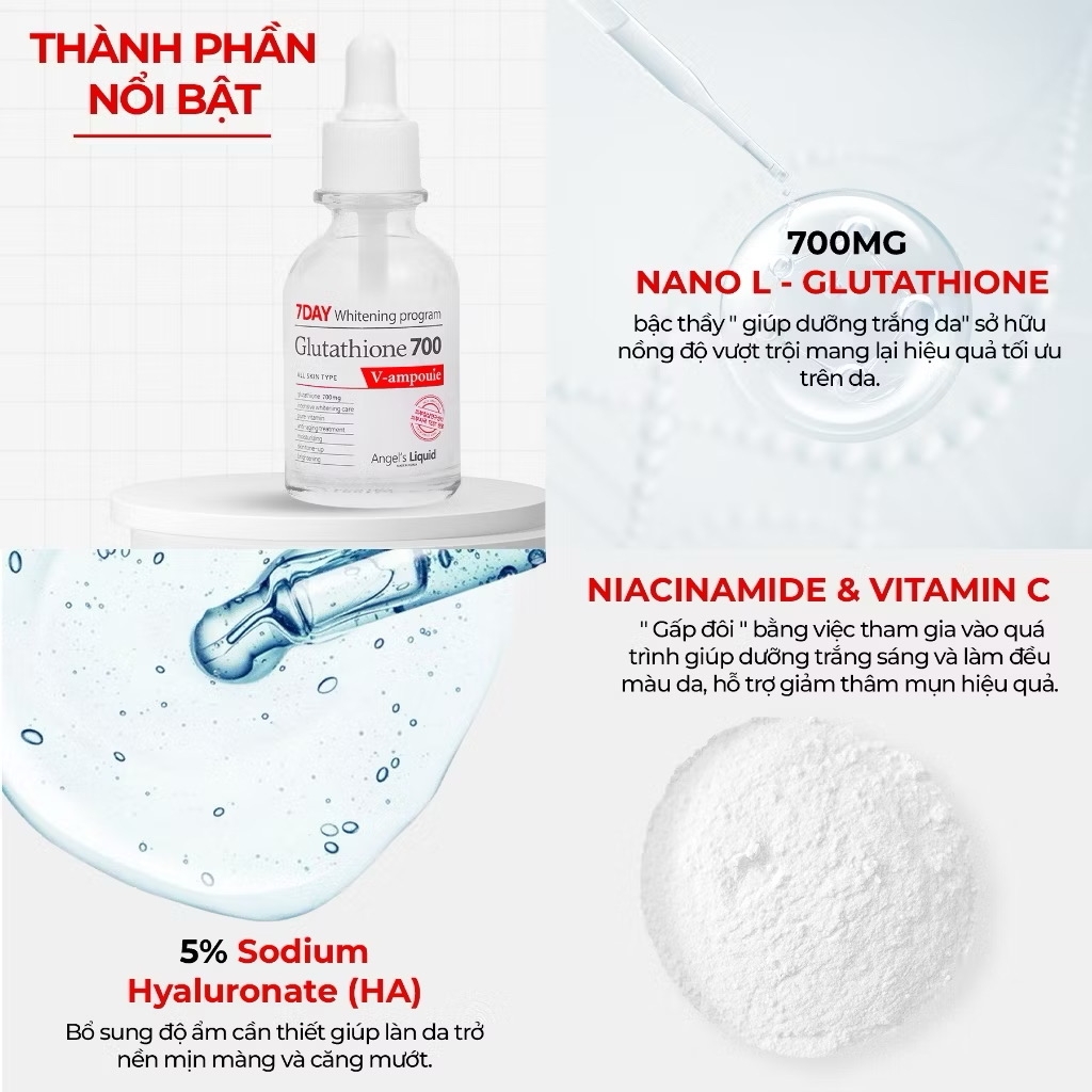Serum Dưỡng Trắng Da, Cấp Ẩm Đa Tầng Angel's Liquid Glutathione 700mg + 5% HA 7Day Whitening Program