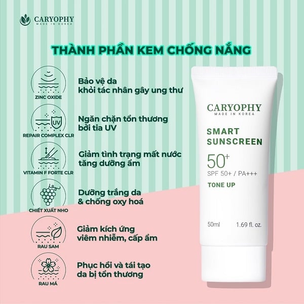 Kem Chống Nắng Nâng Tone Ngừa Mụn Caryophy Smart Tone Up Sunscreen SPF 50+/PA+++ 50ml