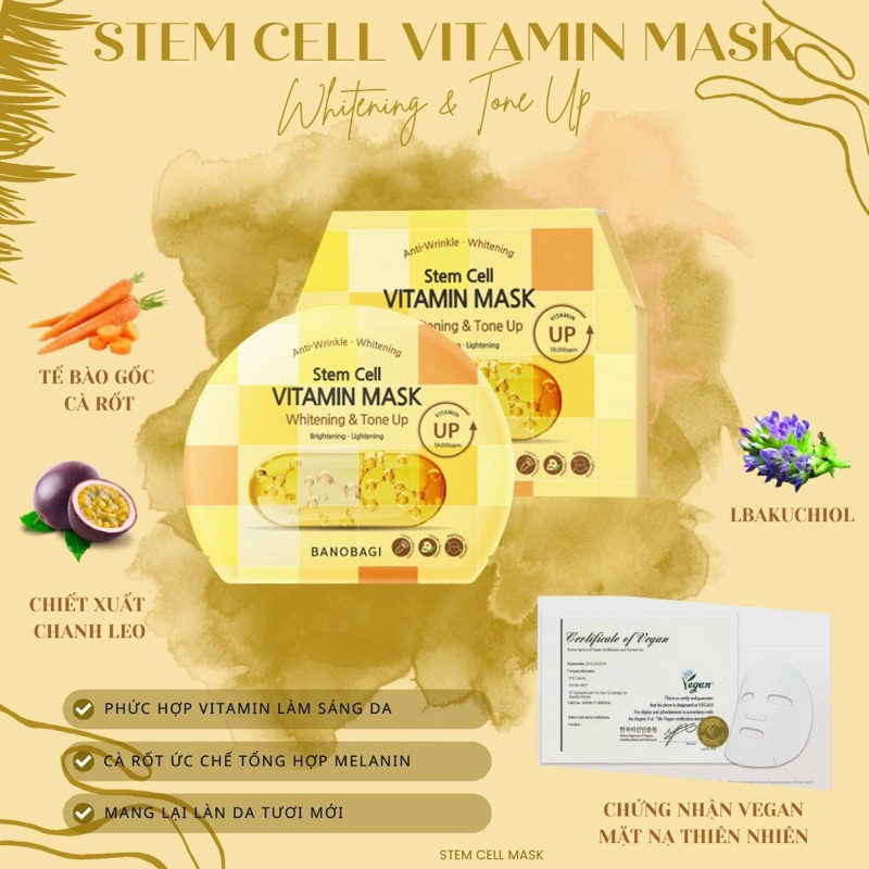 Mặt Nạ Trắng Da , Nâng Tone Banobagi Stem Cell Vitamin Mask Whitening & Tone-Up 30g (Vàng)