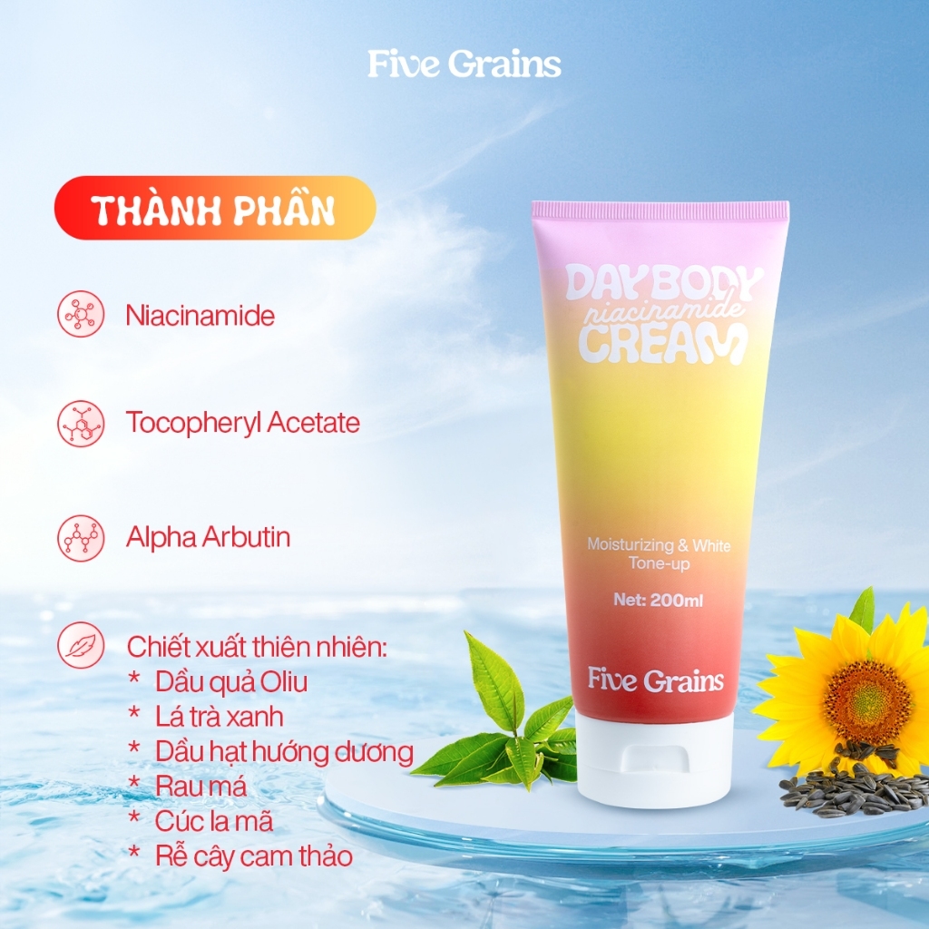 Kem Dưỡng Five Grains Trắng Da Niacinamide, Alpha-Arbutin Nâng Tone Ban Ngày 200ml