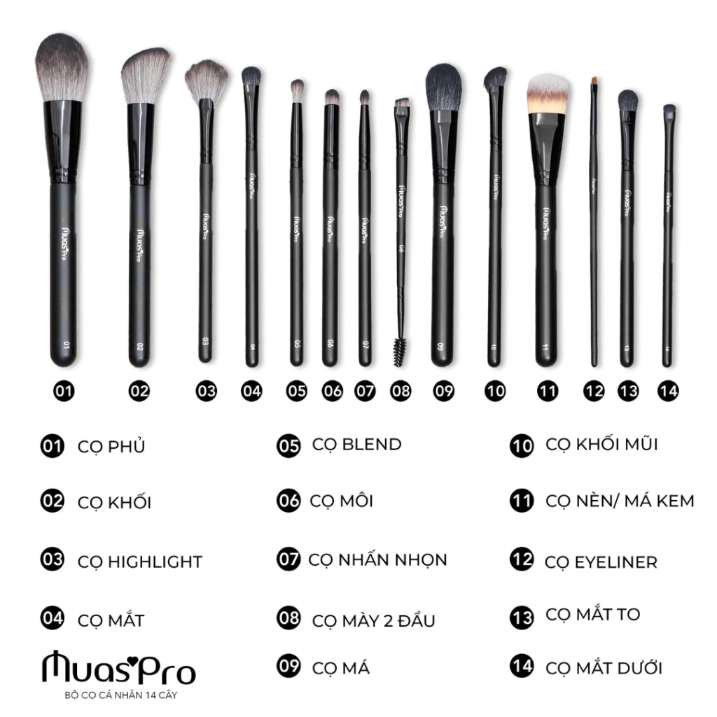 Bộ Cọ Trang Điểm Cá Nhân MUA.s Pro 14 Cây Chất Lông Mền Mịn