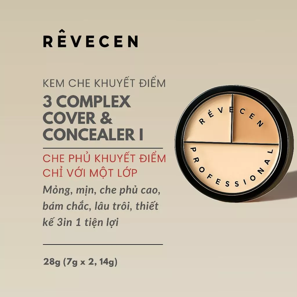 Kem Che Khuyết Điểm Revecen 3 Complex Cover & Concealer Che Phủ Hoàn Hảo, Bám Chặt
