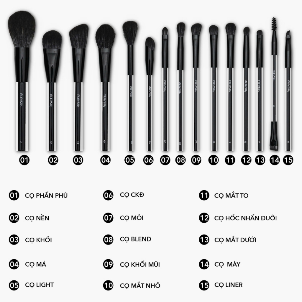 Bộ Cọ Cá Nhân MUAS Silk 15 Cây Đen Kèm Túi Chất Lông Mền Mịn