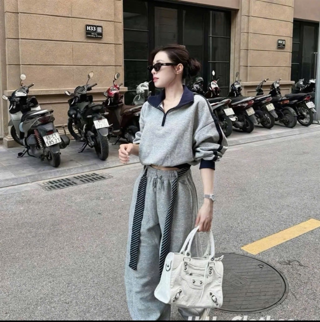 SET BỘ DÀI NỈ HAI DA XÁM VIỀN THAN NỮ THU ĐÔNG