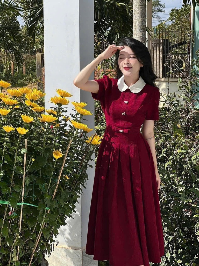 VÁY XẾP LI NƠ EO CỔ PHỐI NỮ SẴN (SALE 149k)