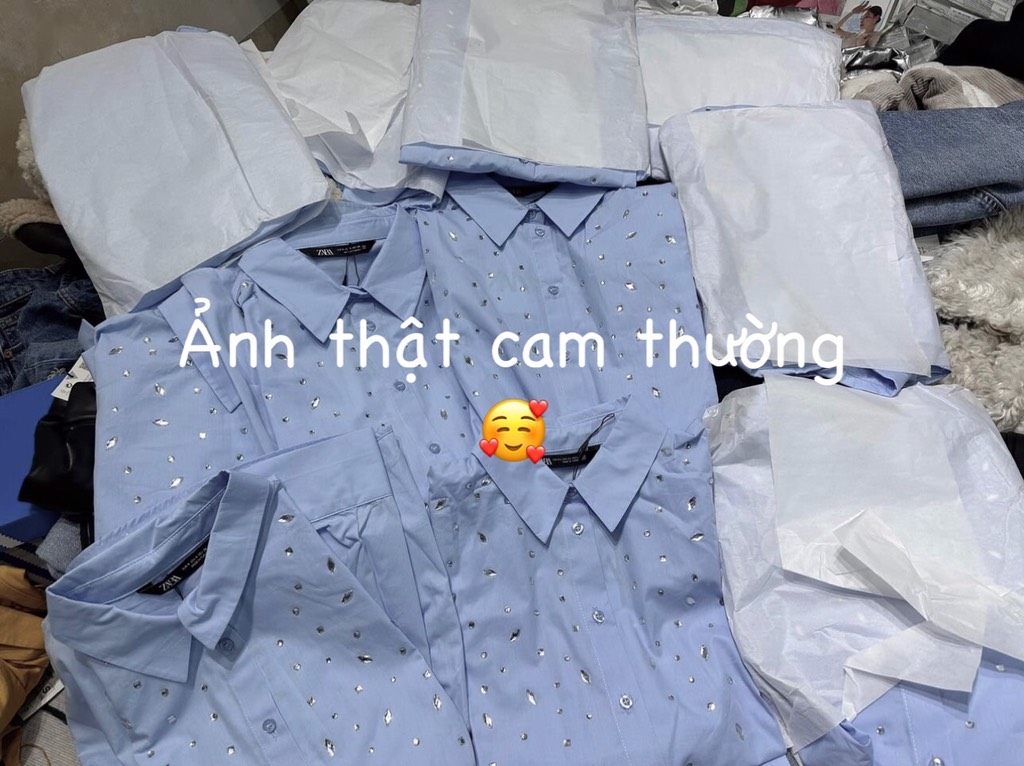 ÁO SƠ MI Z.ARA XANH ĐÍNH ĐÁ BASIC