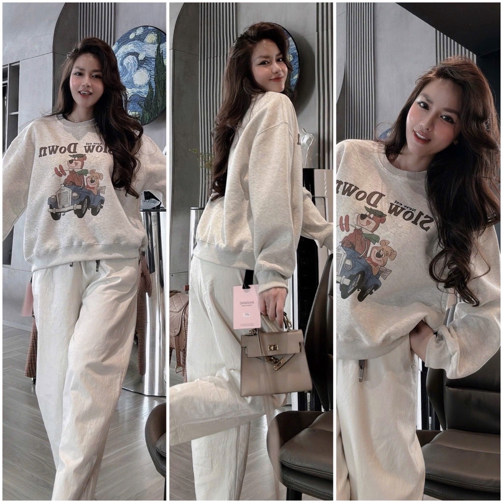 SET ÁO NỈ SLOW DOWN MIX QUẦN BAGGY KEM NỮ THU ĐÔNG (HÀNG ĐÂT)