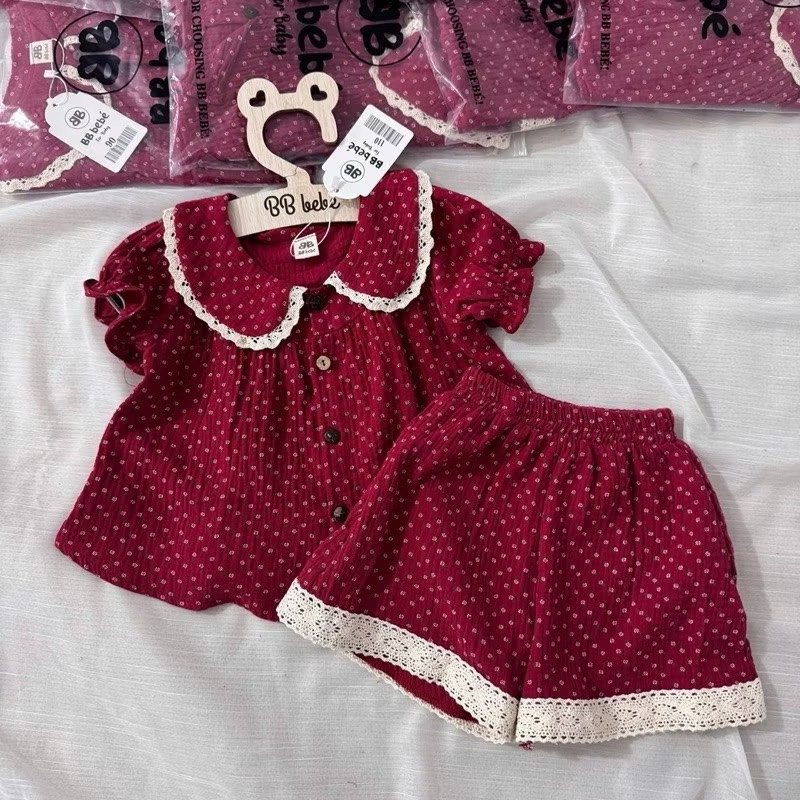 BỘ XÔ MUSLIN HOA NHÍ ĐỎ BÉ GÁI SẴN