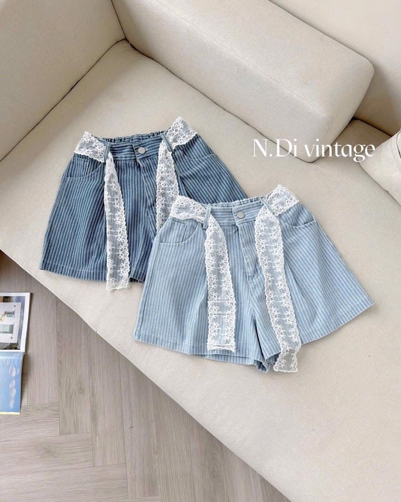 QUẦN ĐÙI XANH KẺ SỌC PHỐI REN NƠ 2 MÀU NỮ SẴN