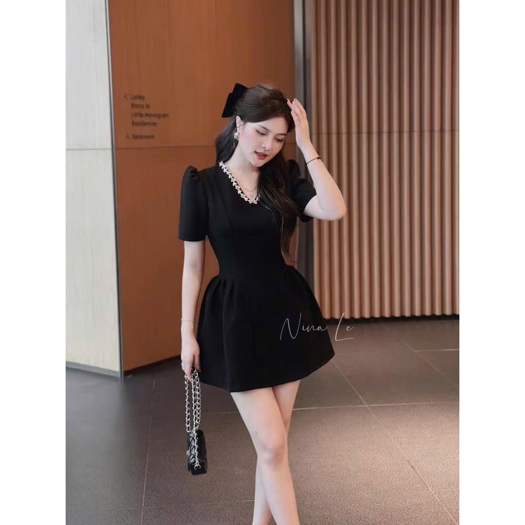 VÁY CỔ V KHÂU ĐÁ CỔ XOÈ NHẸ NỮ SẴN