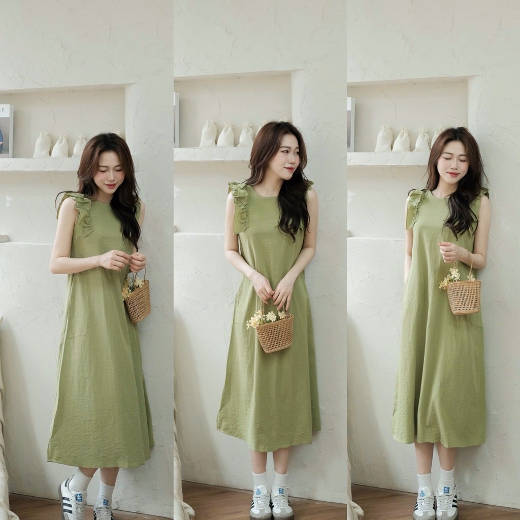 VÁY SUÔNG TAY BÈO XANH CỐM NỮ SẴN