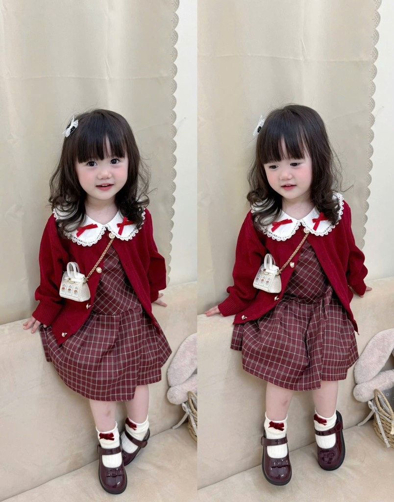 SET VÁY CARDIGAN ĐỎ TIỂU THƯ DÀI BÉ GÁI