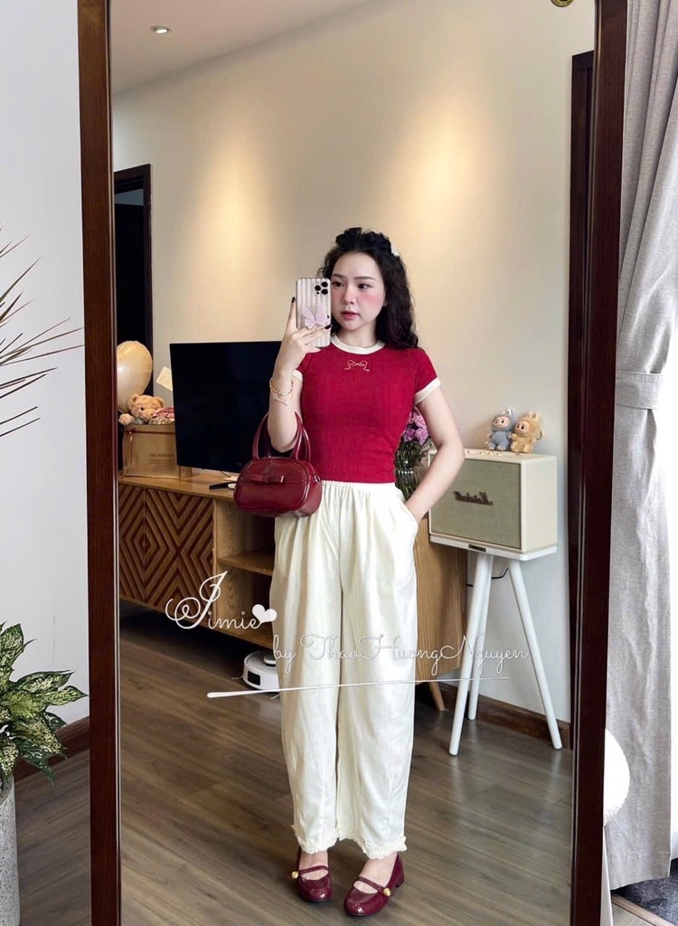 SET BỘ NỮ THÊU NƠ ÁO MIX QUẦN DÀI REN GẤU SẴN (SALE 99k)