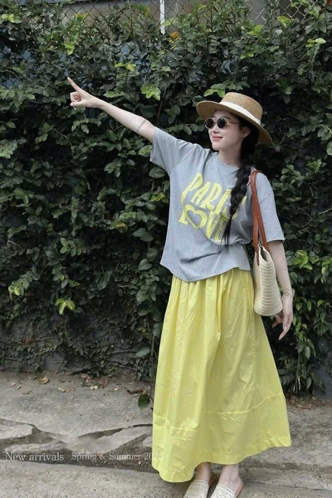 SET ÁO COTTON XÁM PARIS LOVE CHÂN VÁY VÀNG NỮ