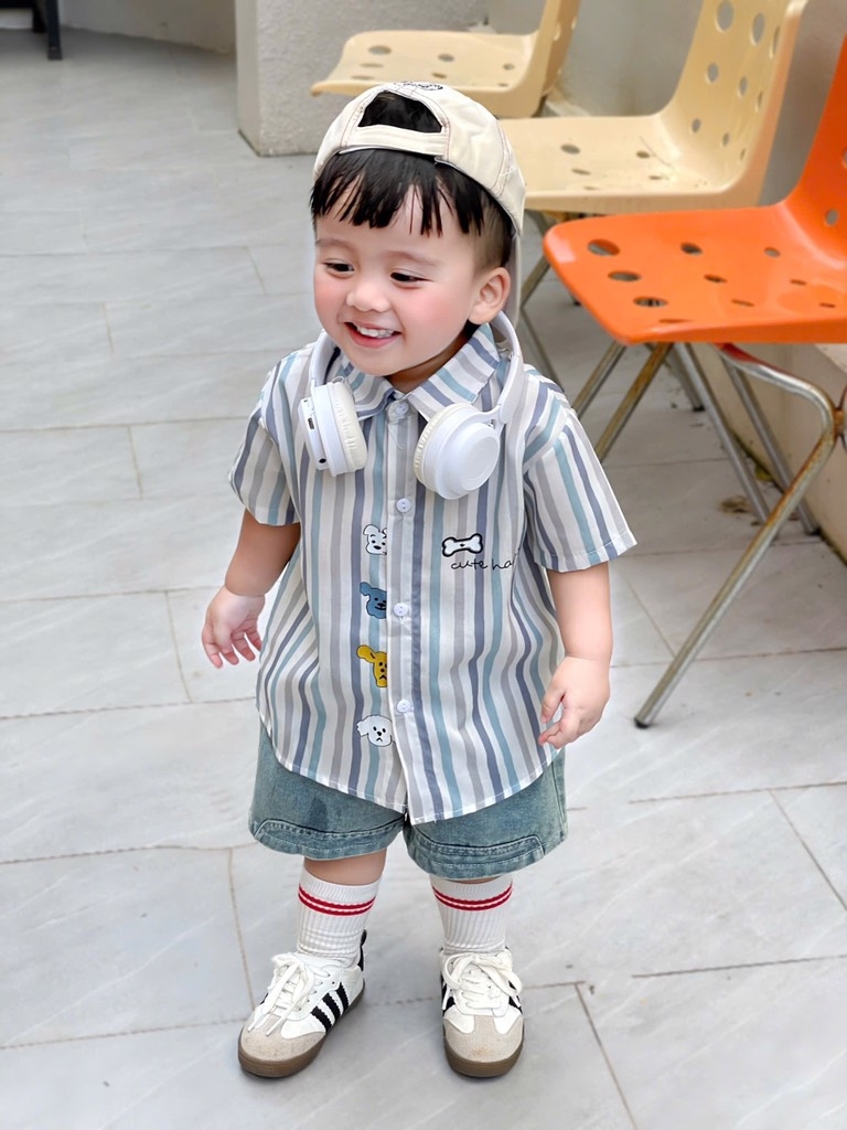 SET ÁO SƠ MI CỘC TAY KẺ KÈM QUẦN BÒ BÉ TRAI