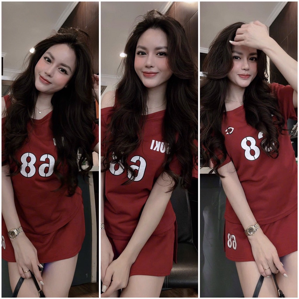 SET COTTON TÀU ÁO LỆCH ĐỎ NỮ SẴN