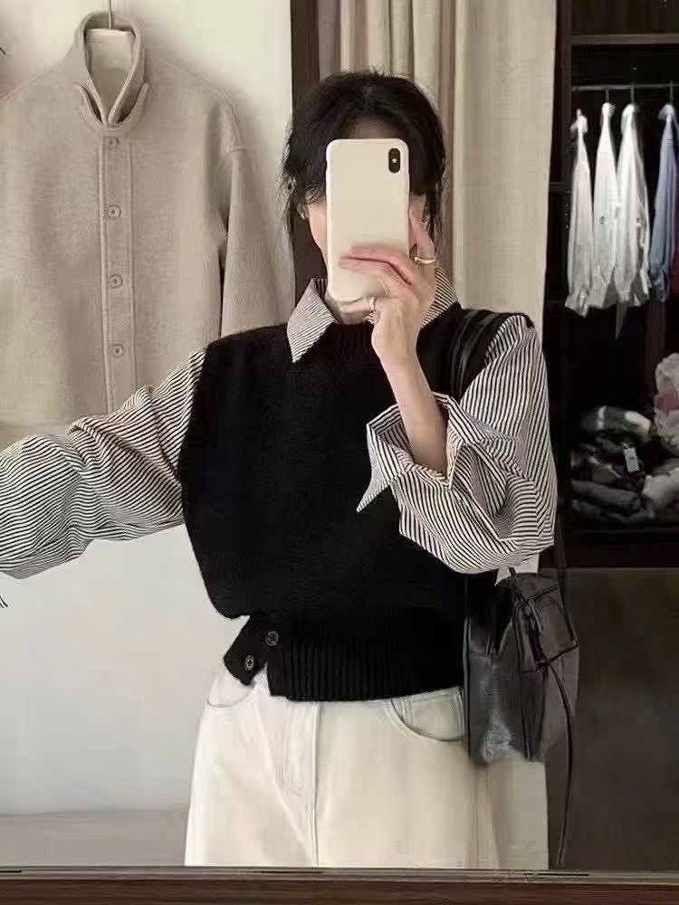 ÁO LEN PHỐI SƠ MI 5 MÀU NỮ THU ĐÔNG