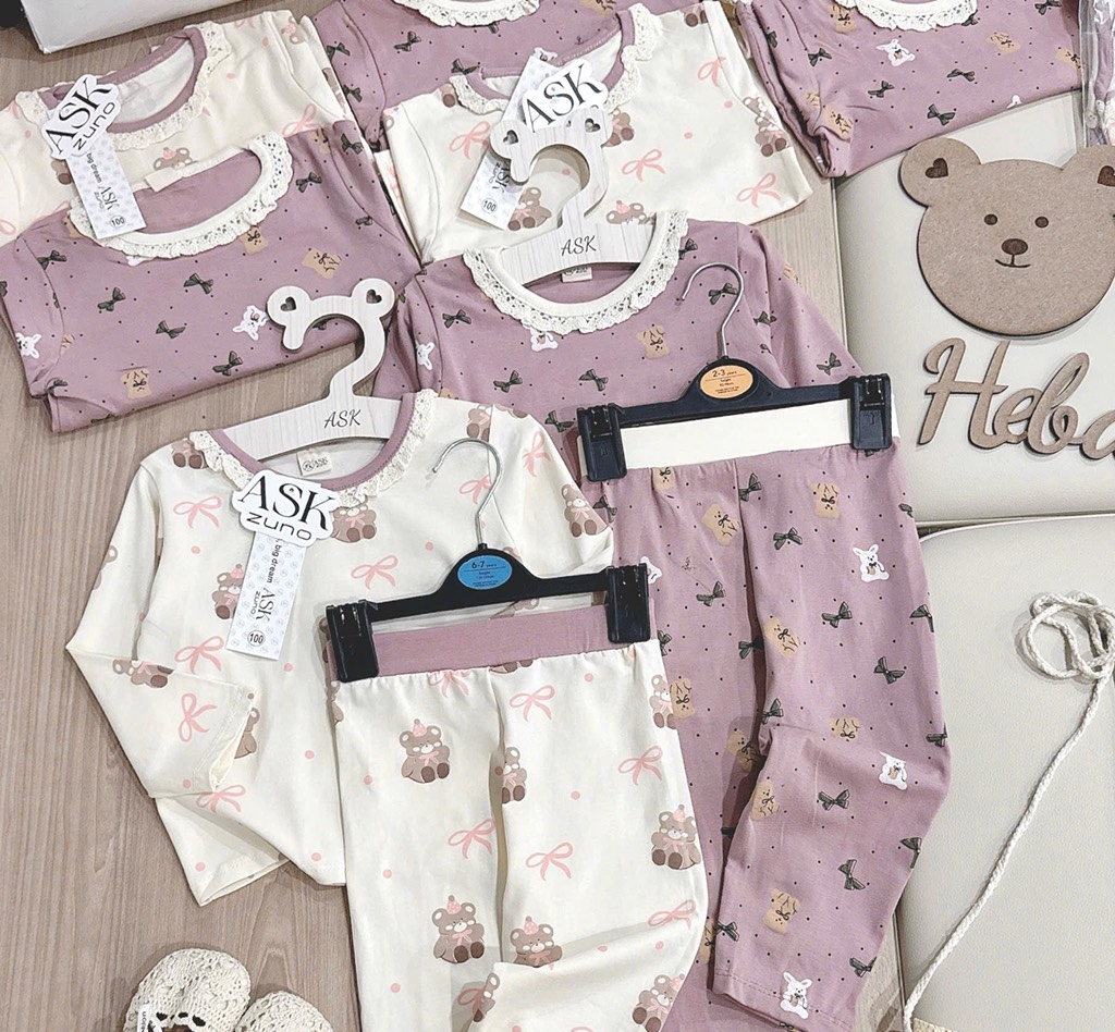 SET 2 BỘ DÀI COTTON GẤU NƠ MÀU HỒNG TÍM - BE BÉ GÁI