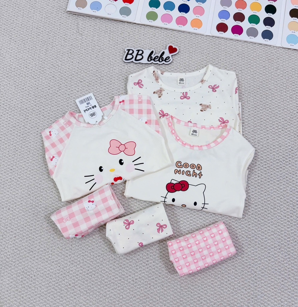 SET 3 BỘ DÀI MÈO PASTEL NƠ KẺ HỒNG BÉ GÁI SẴN