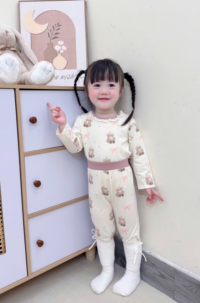 SET 2 BỘ DÀI COTTON GẤU NƠ MÀU HỒNG TÍM - BE BÉ GÁI